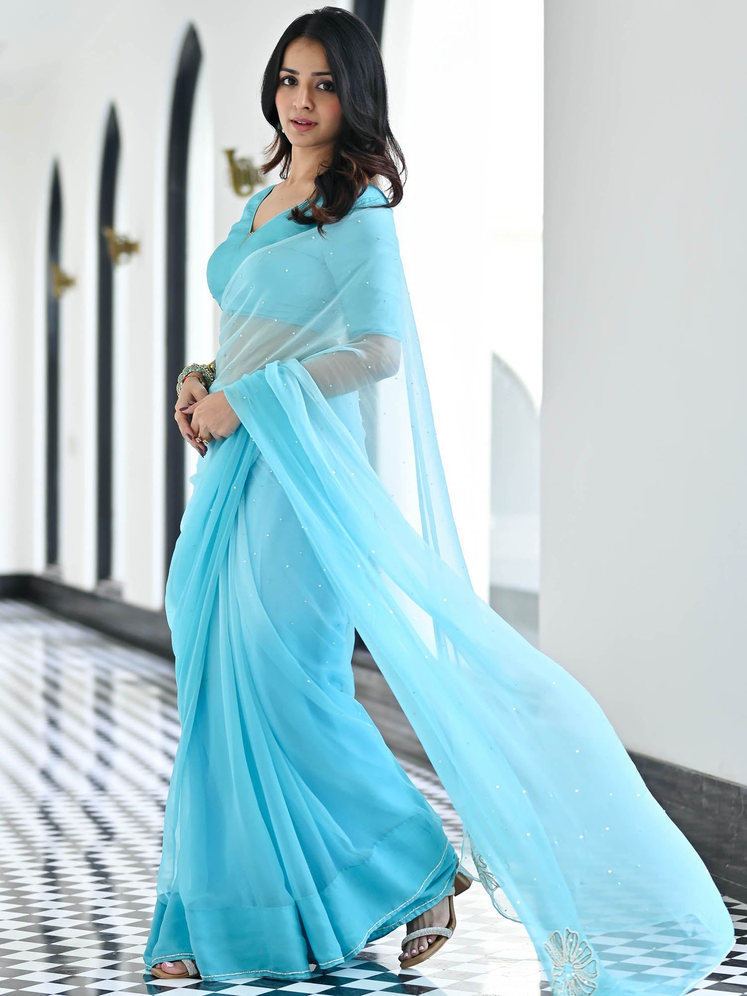 Maharani Sky Blue Chiffon Saree