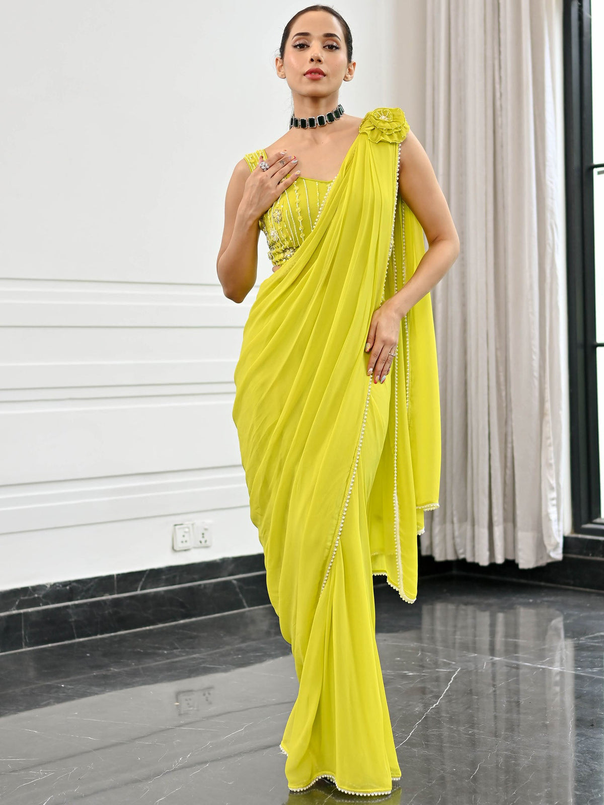 Noor Lime Green Predrapped Saree