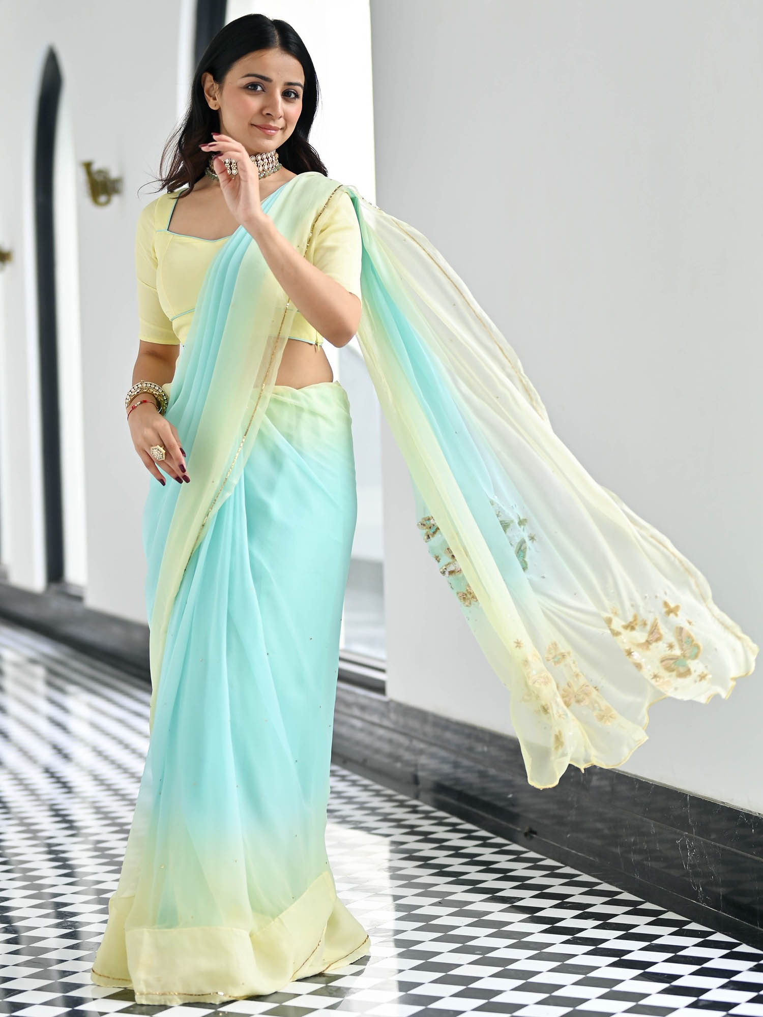 Maharani Yellow  Blue Chiffon Saree