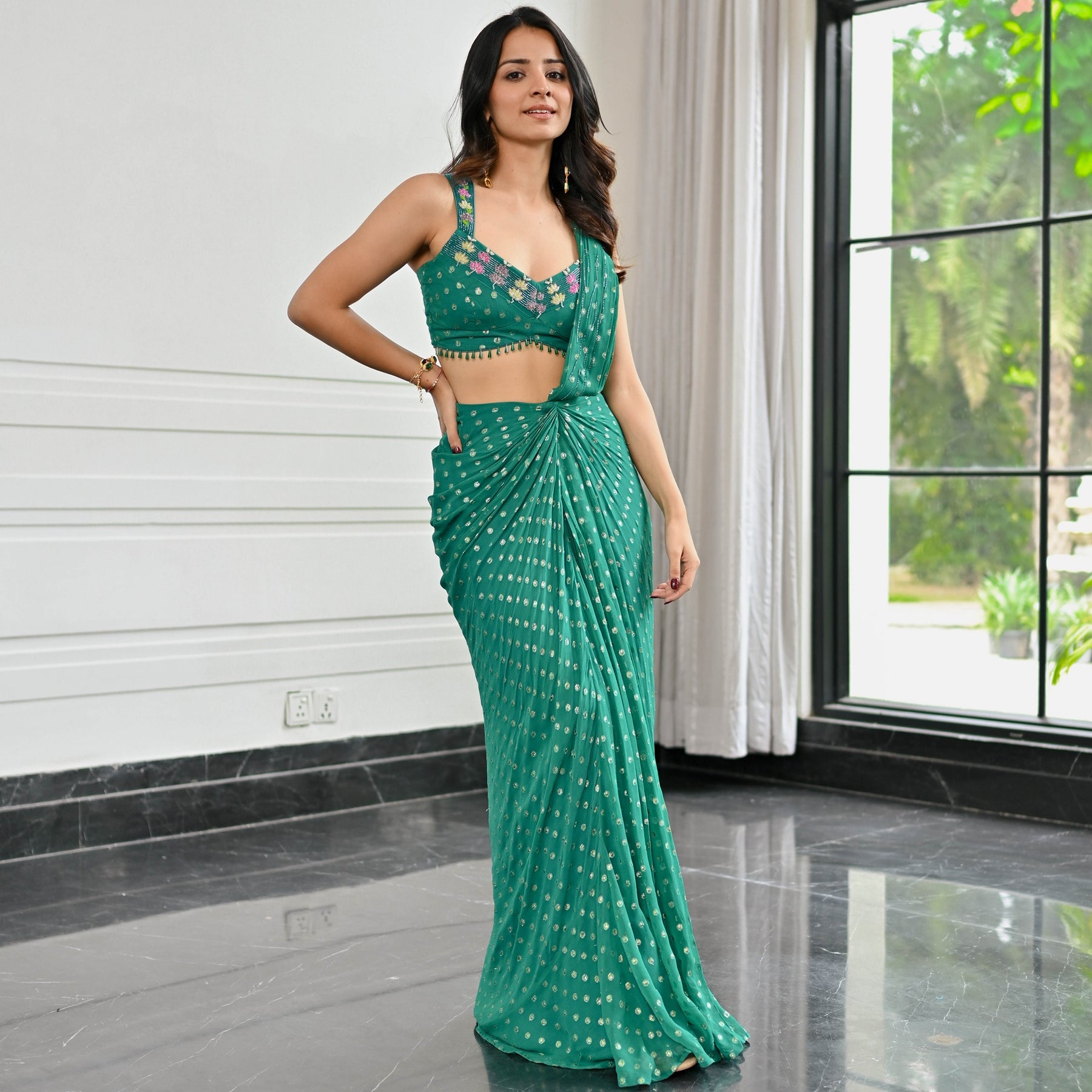 Meenakari Green Pre Draped Saree