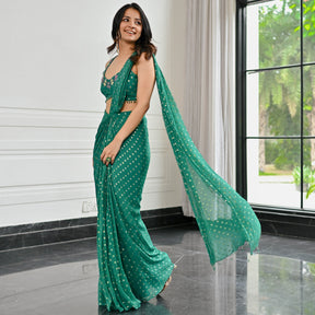 Meenakari Green Pre Draped Saree