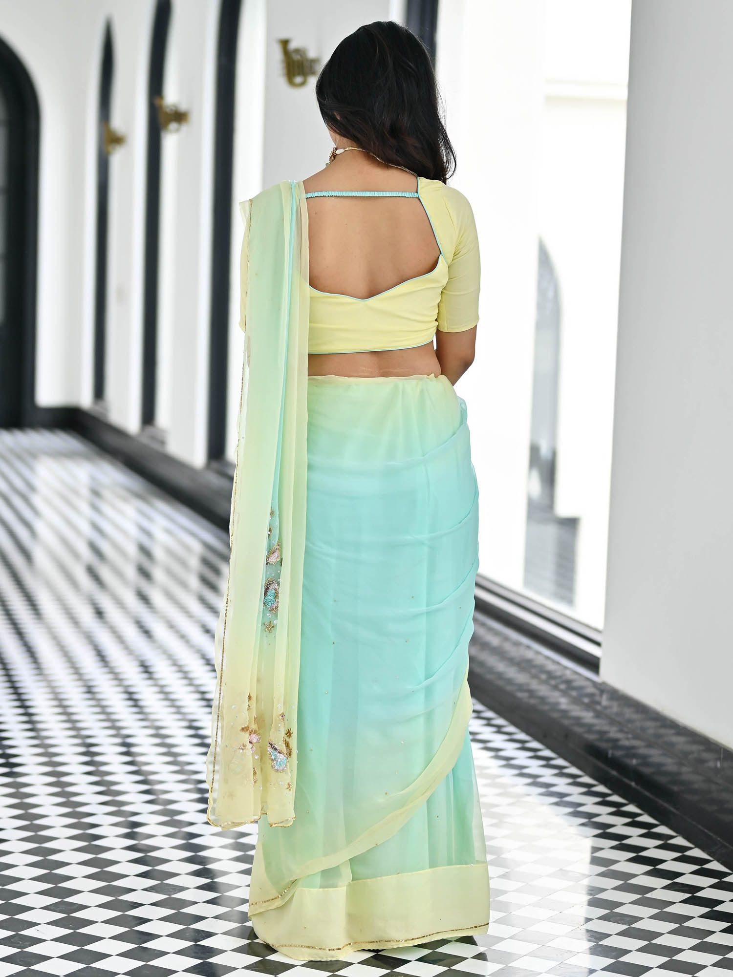 Maharani Yellow  Blue Chiffon Saree