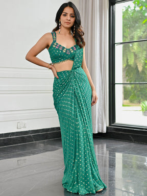 Meenakari Green Pre Draped Saree