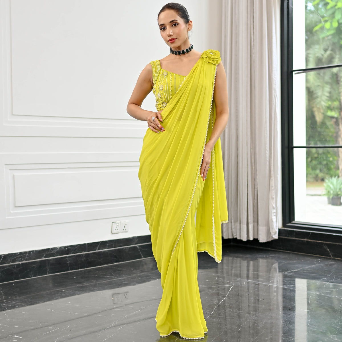 Noor Lime Green Predrapped Saree