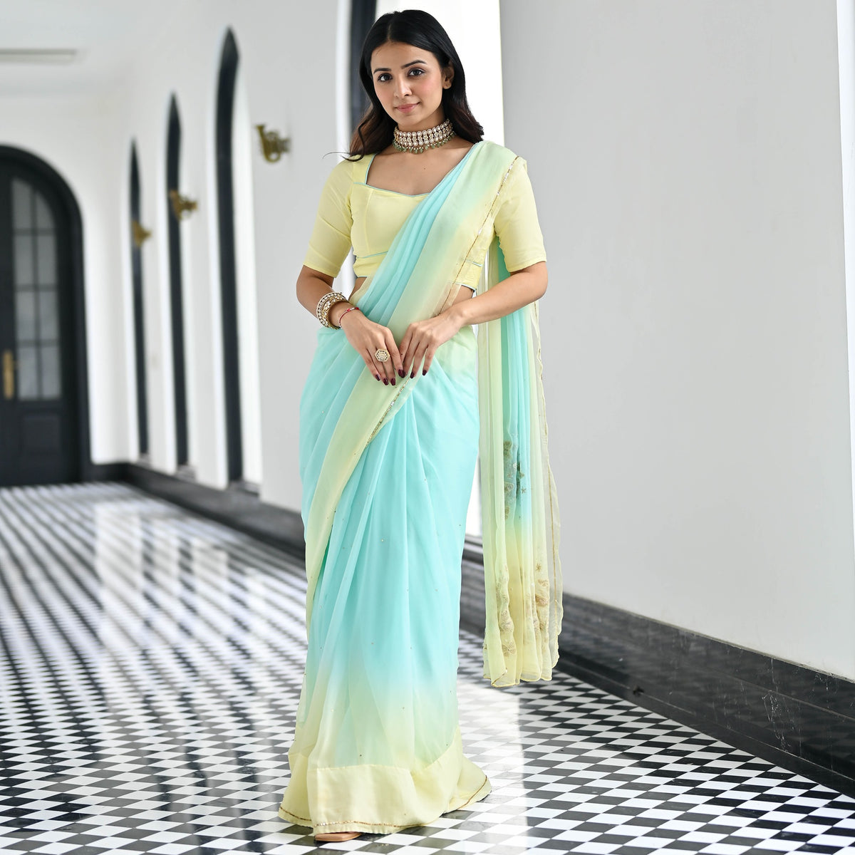 Maharani Yellow  Blue Chiffon Saree