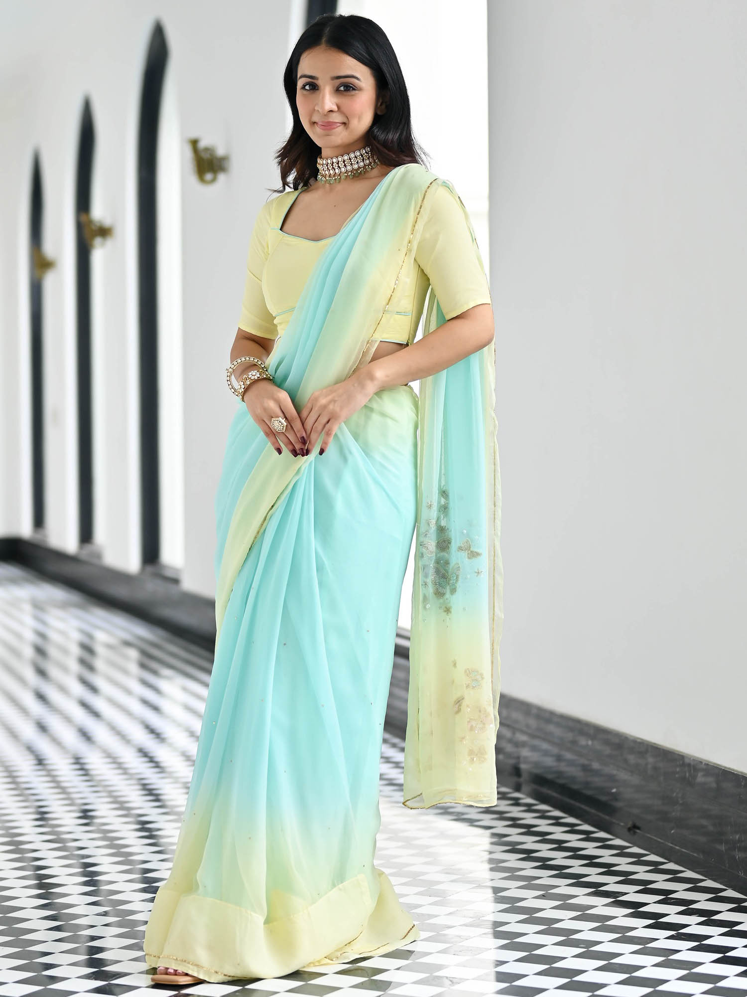 Maharani Yellow  Blue Chiffon Saree