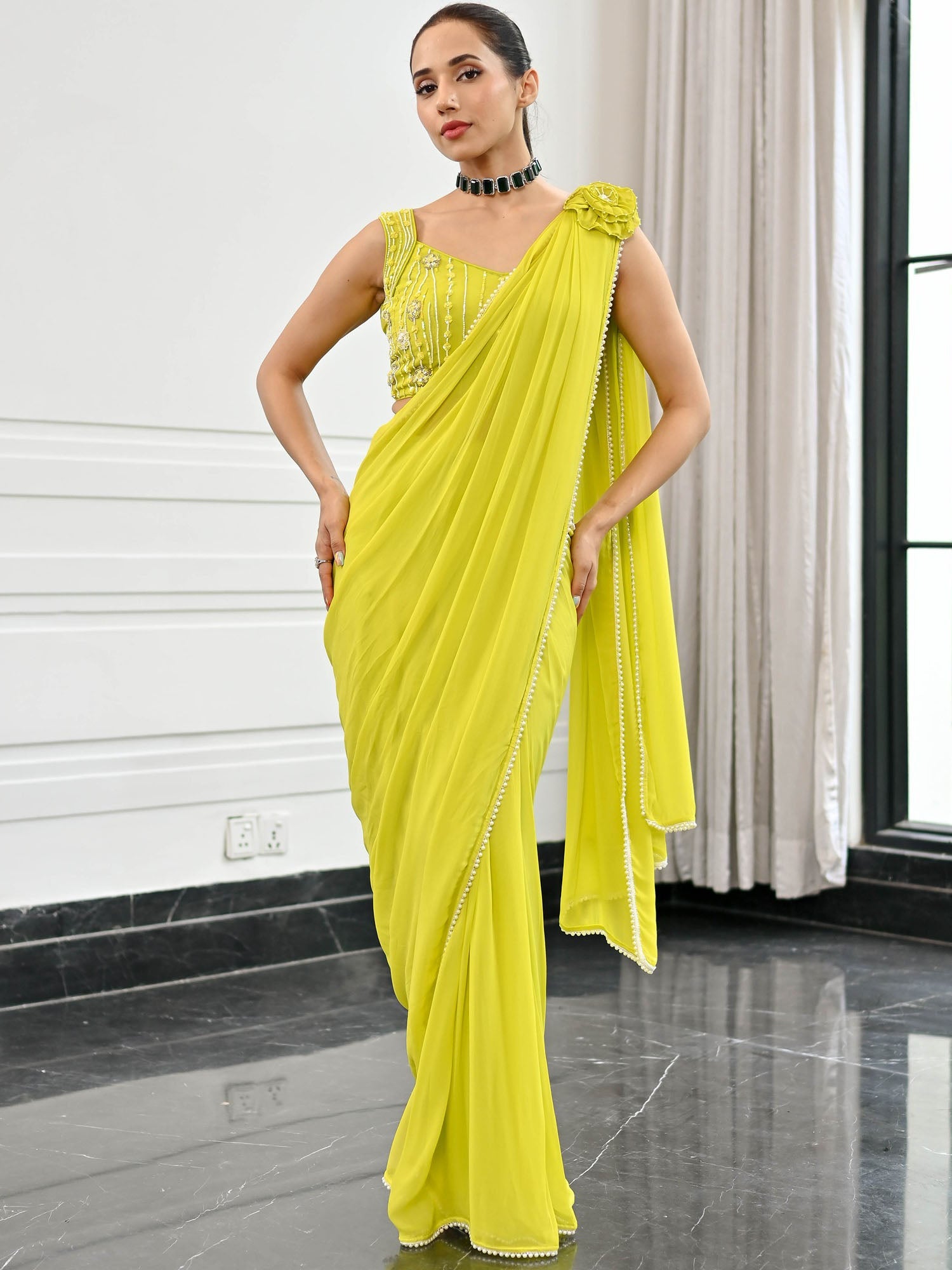 Noor Lime Green Predrapped Saree