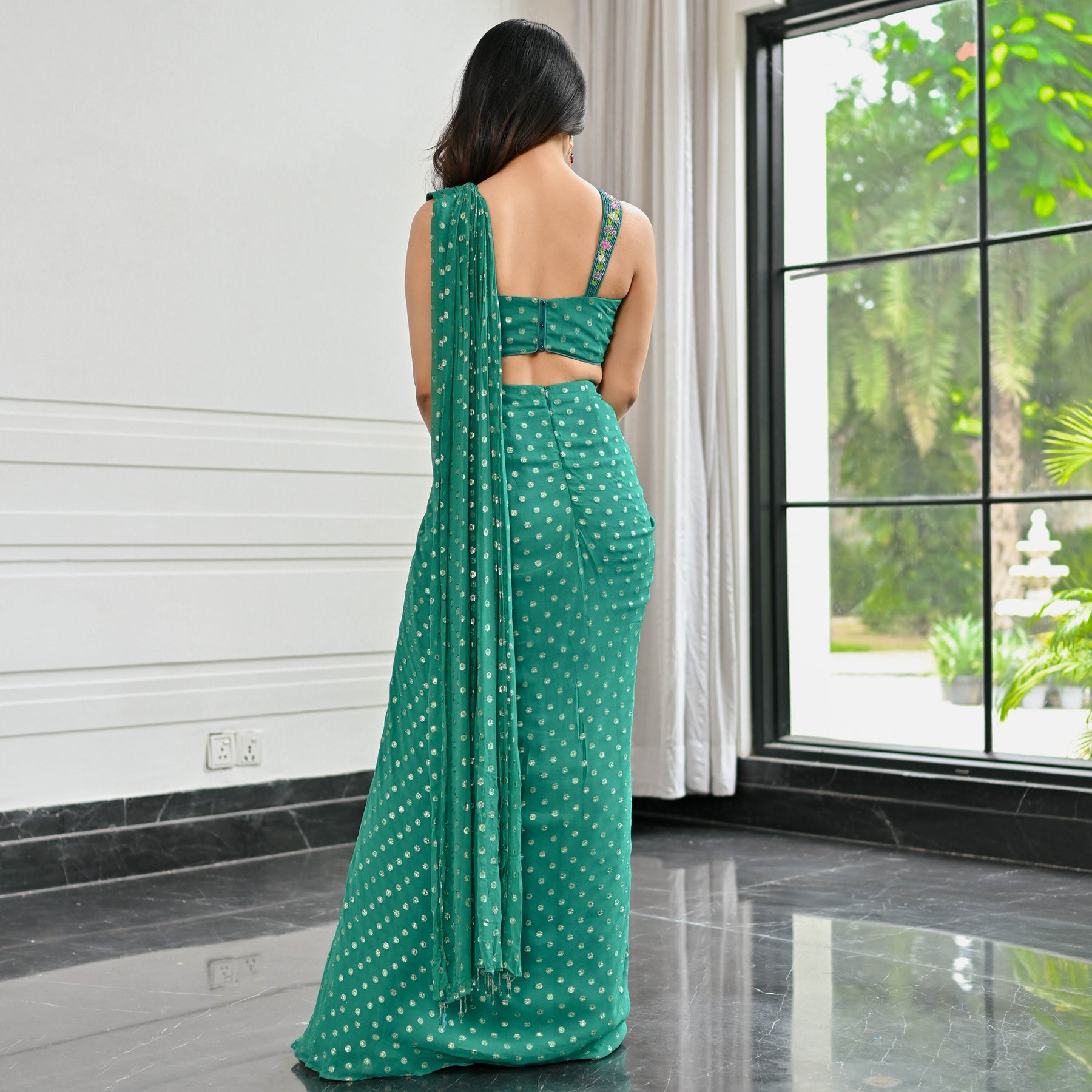 Meenakari Green Pre Draped Saree