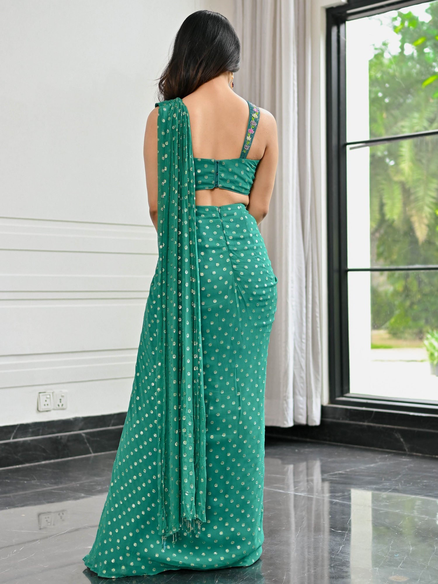 Meenakari Green Pre Draped Saree