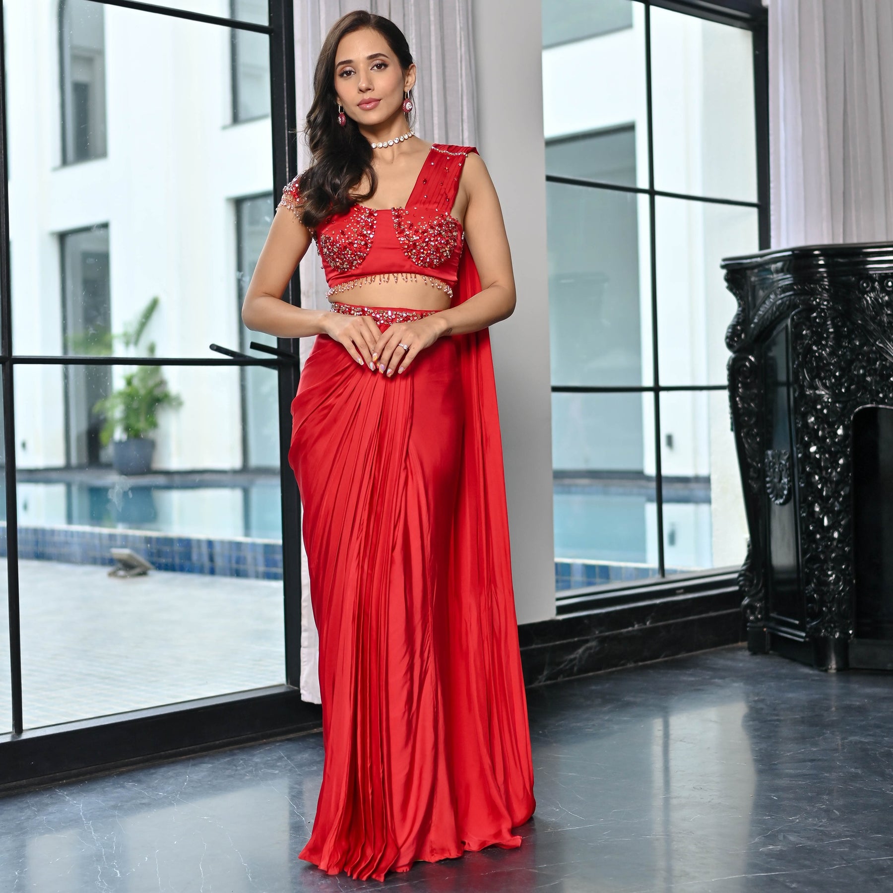 Crystal Couture Red Royalty Predrapped Saree