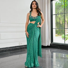 Meenakari Green Pre Draped Saree