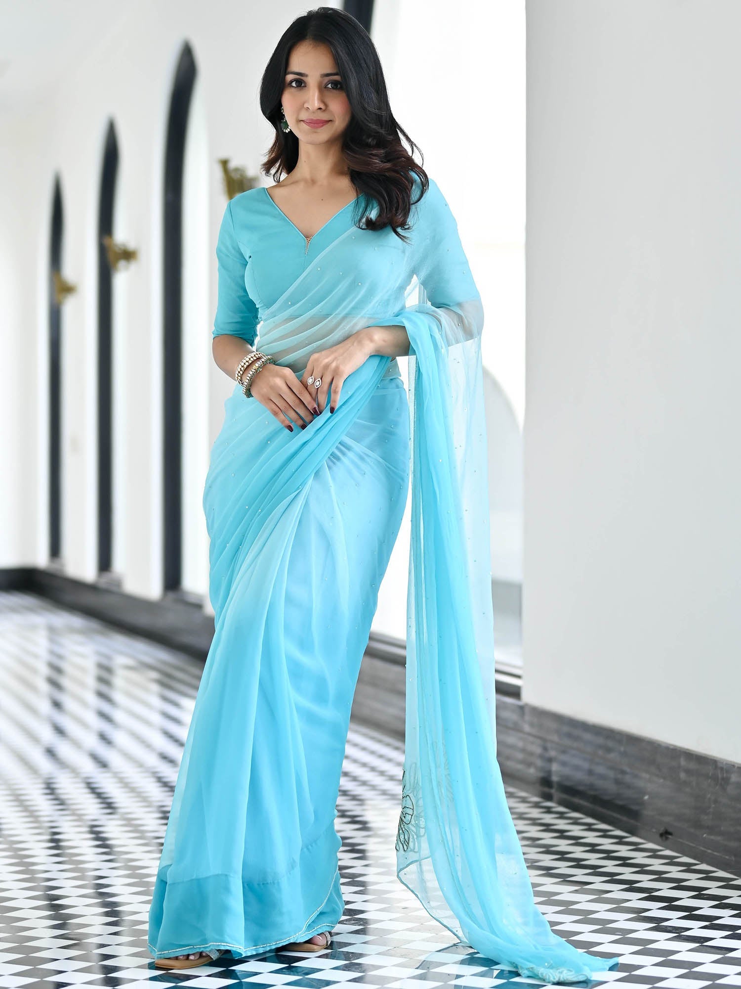 Maharani Sky Blue Chiffon Saree