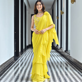 Noor Yellow Predraped Ruffle Saree