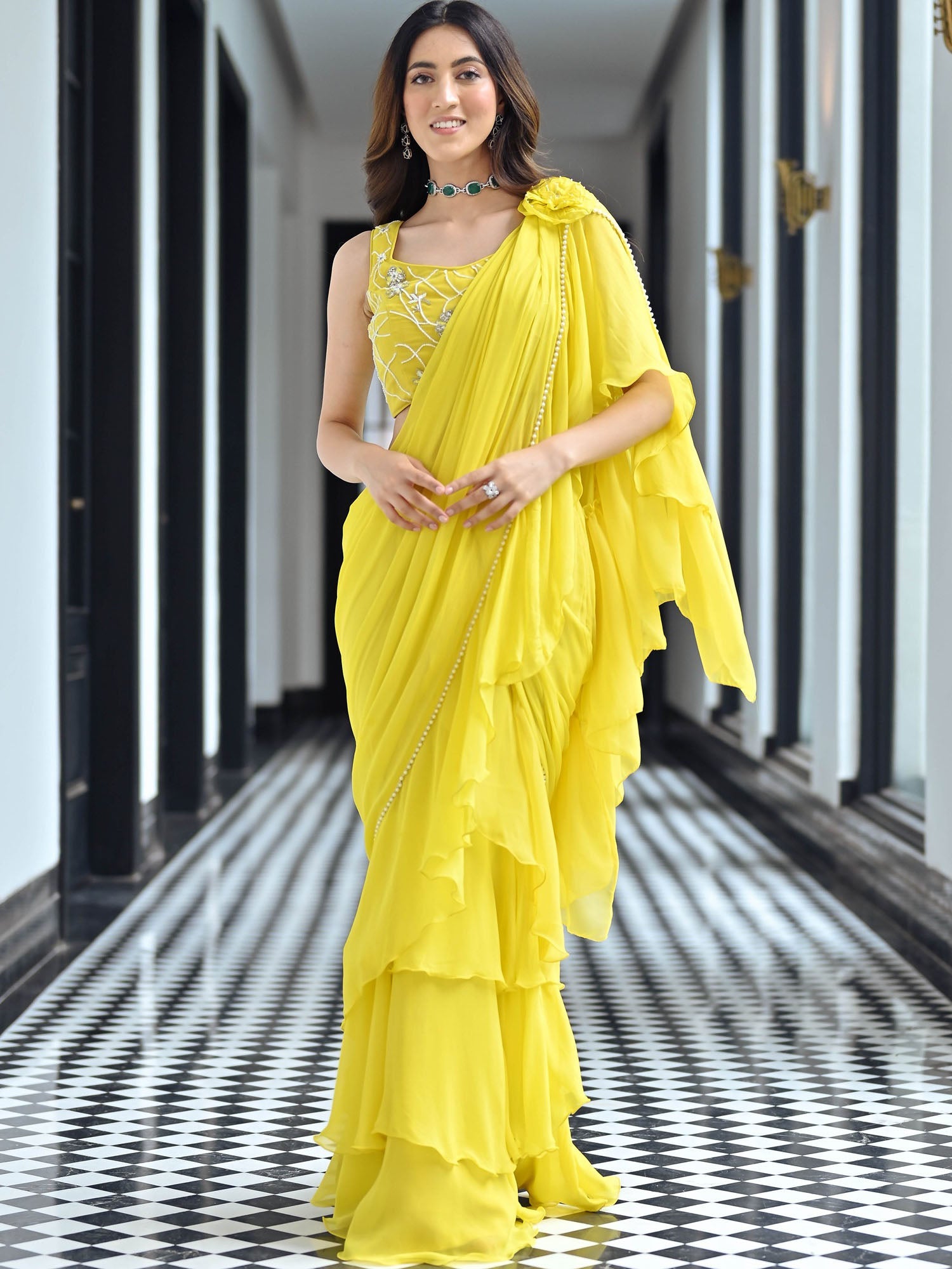 Noor Yellow Predraped Ruffle Saree