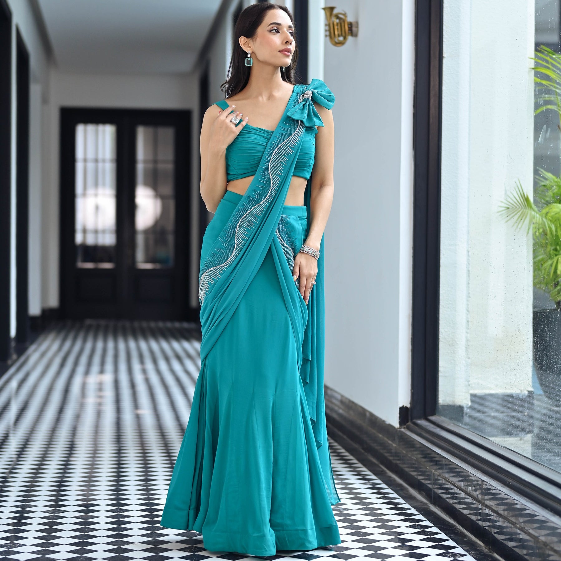 Noor Aqua Green Predraped Saree