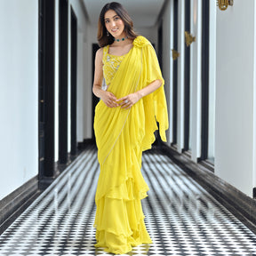 Noor Yellow Predraped Ruffle Saree