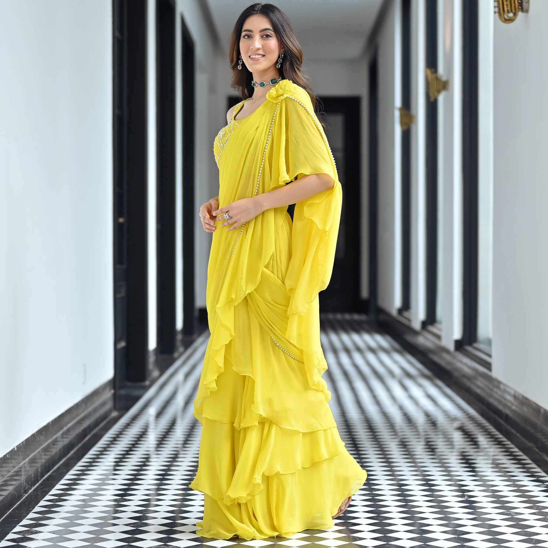 Noor Yellow Predraped Ruffle Saree