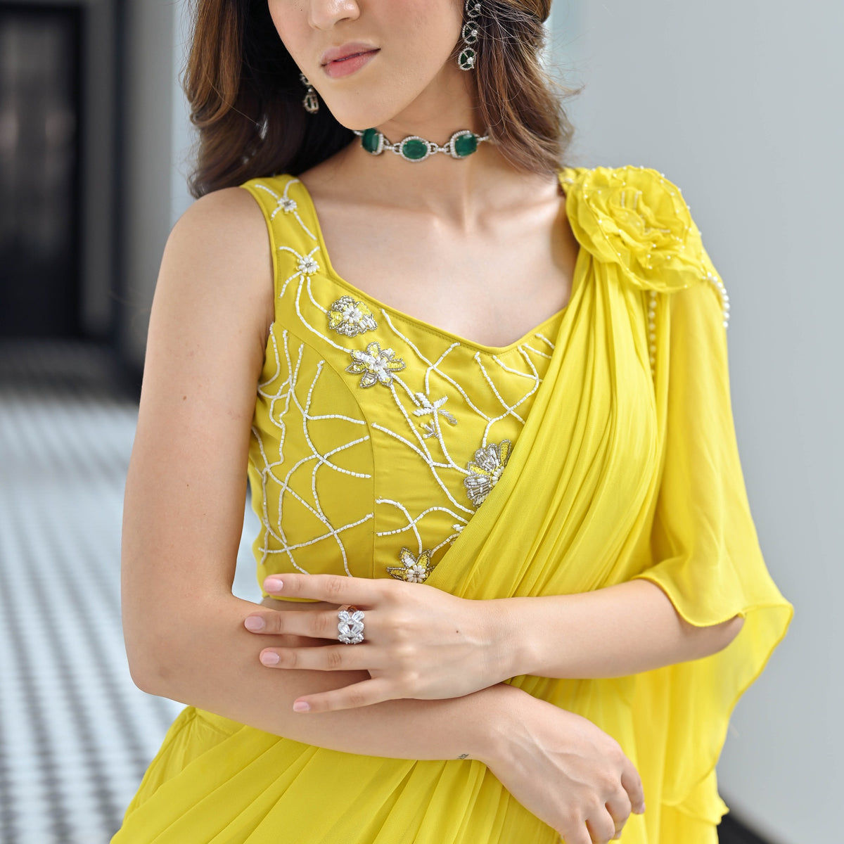 Noor Yellow Predraped Ruffle Saree