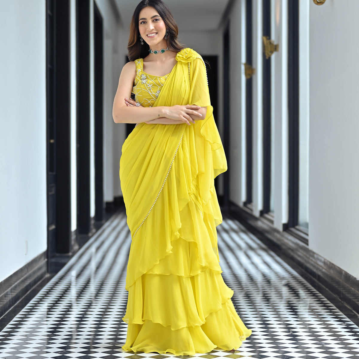 Noor Yellow Predraped Ruffle Saree