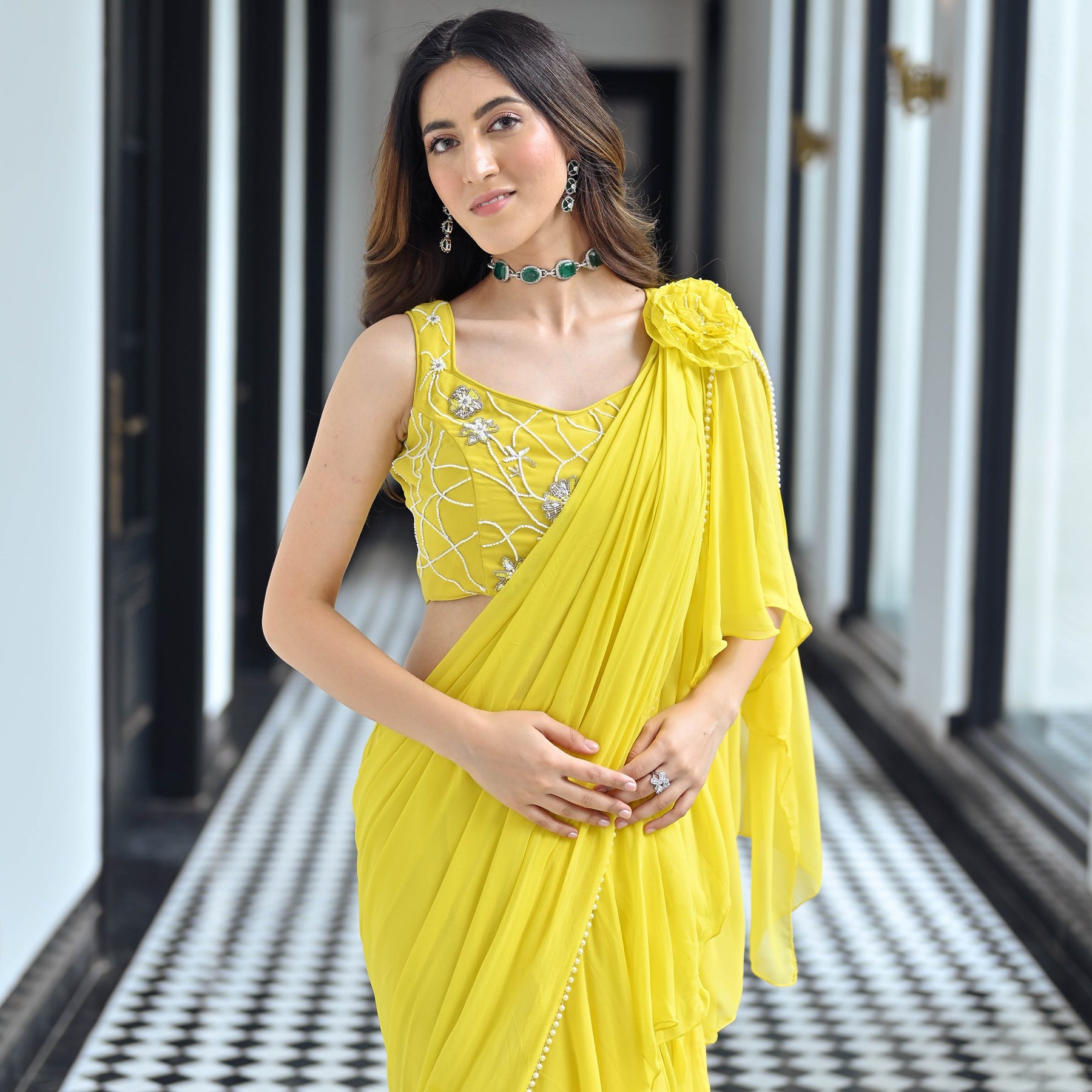 Noor Yellow Predraped Ruffle Saree