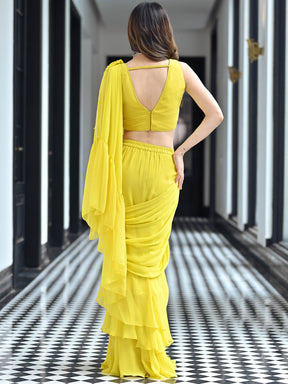 Noor Yellow Predraped Ruffle Saree