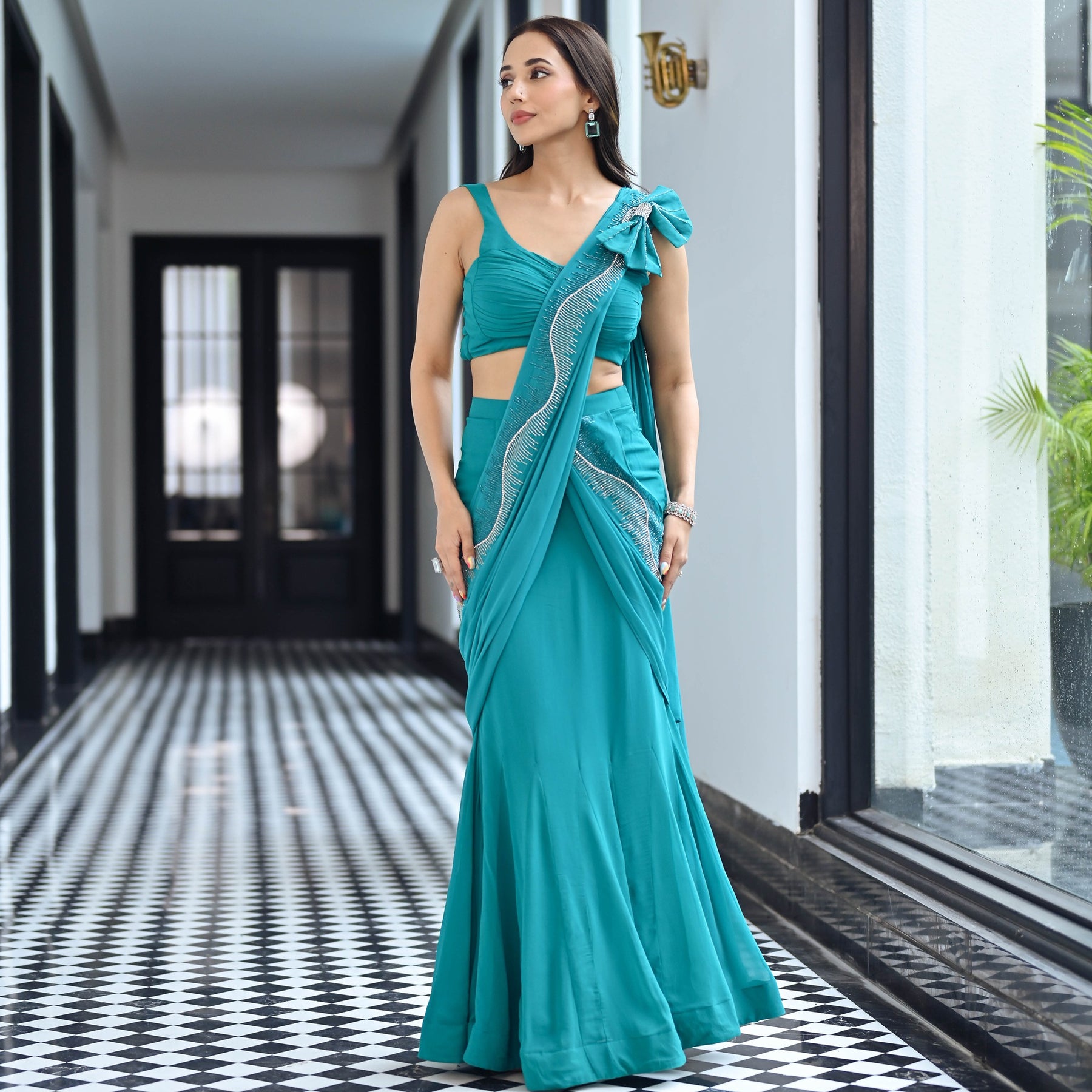 Noor Aqua Green Predraped Saree