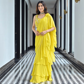 Noor Yellow Predraped Ruffle Saree