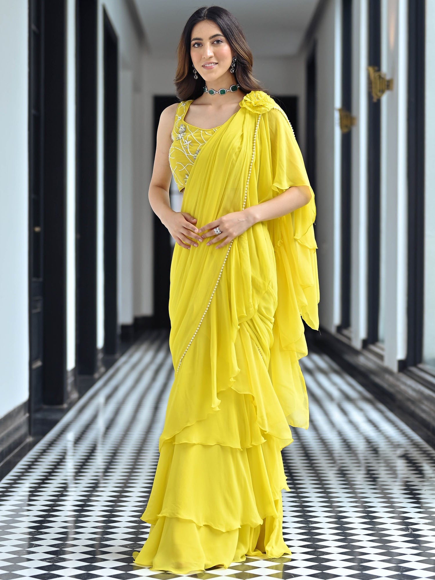 Noor Yellow Predraped Ruffle Saree