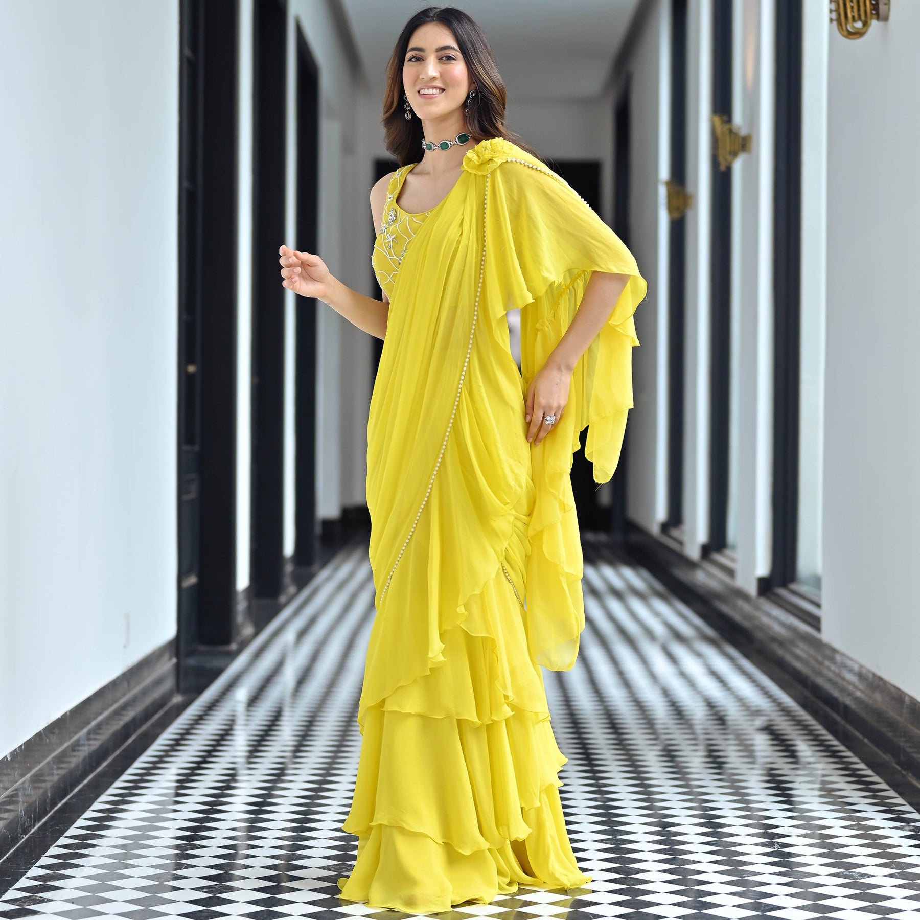 Noor Yellow Predraped Ruffle Saree