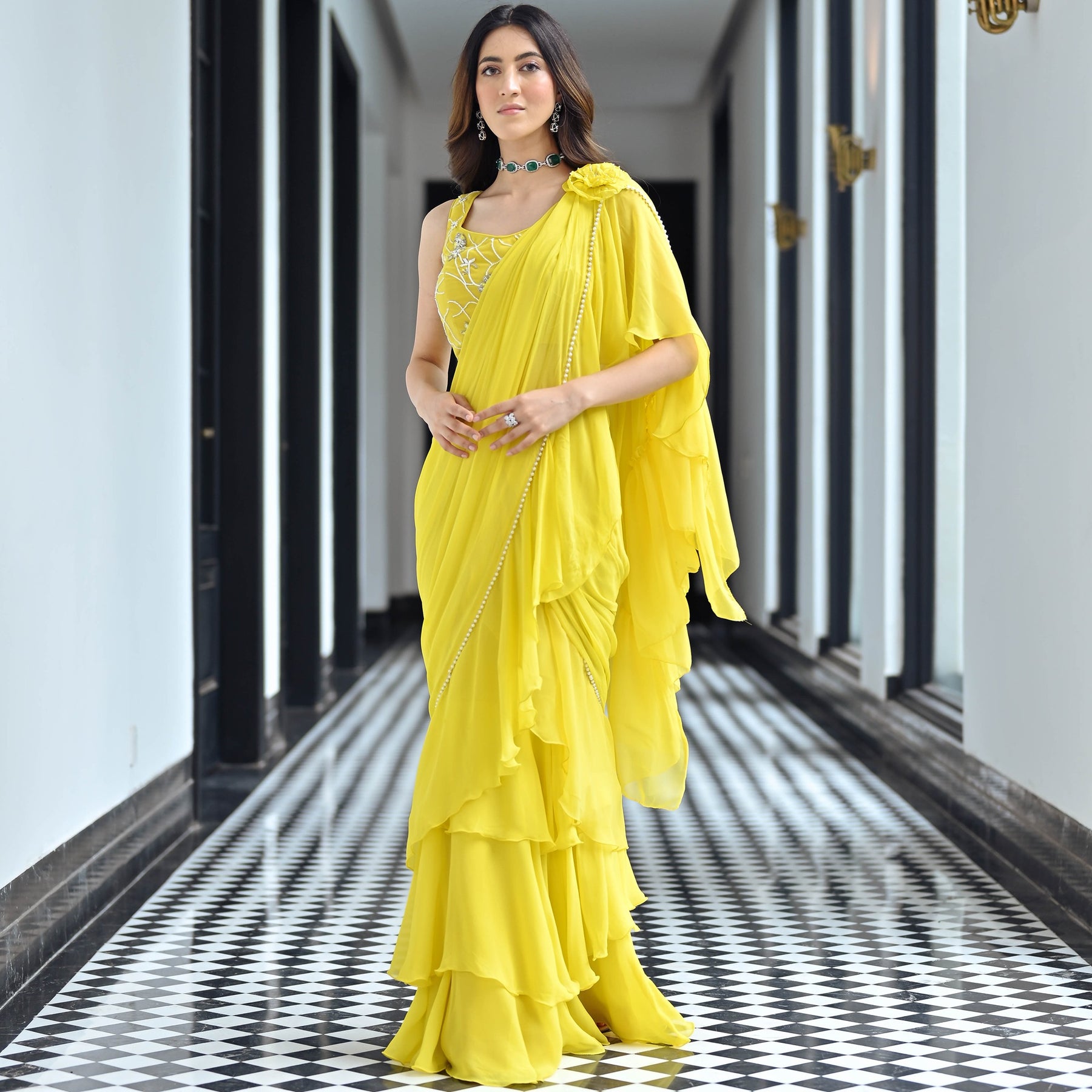 Noor Yellow Predraped Ruffle Saree