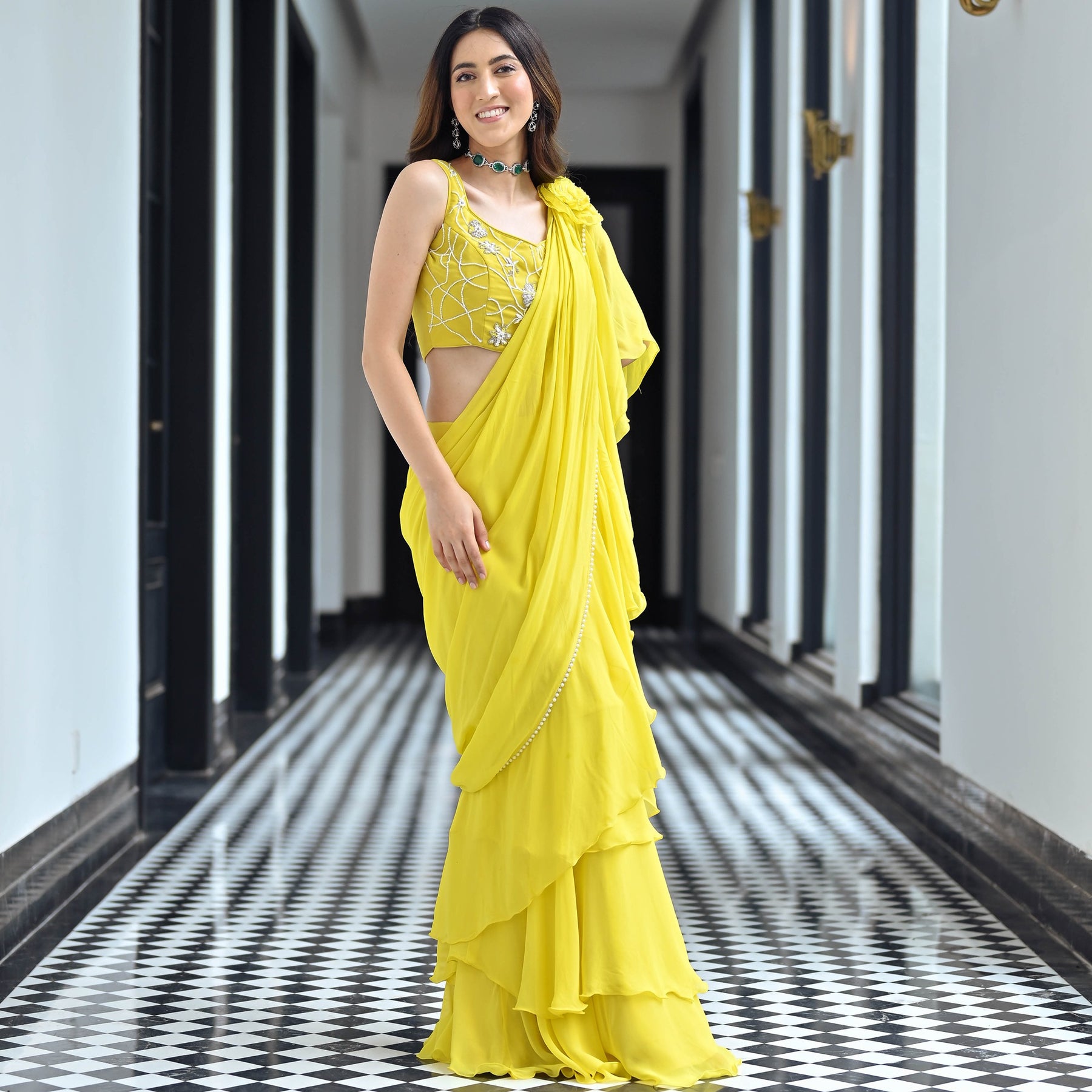 Noor Yellow Predraped Ruffle Saree