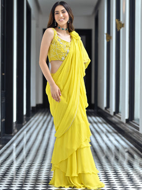 Noor Yellow Predraped Ruffle Saree