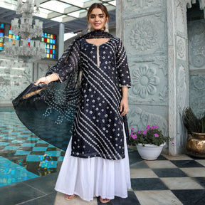 Black Chinon Kurta Sharara Set