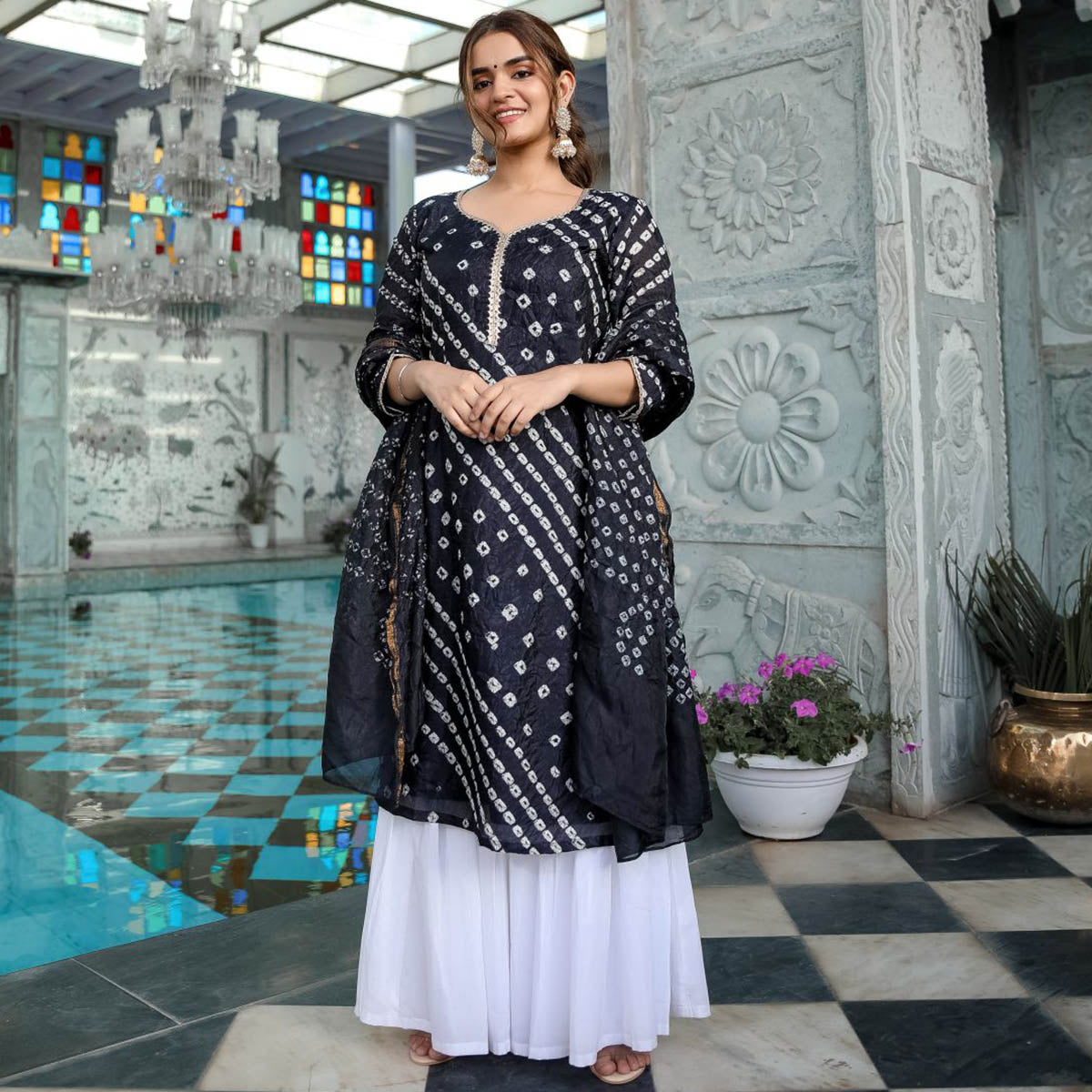 Black Chinon Kurta Sharara Set