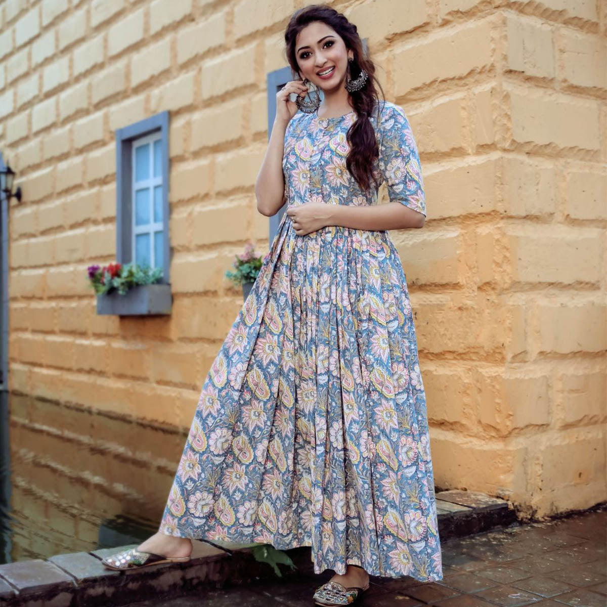 Blue Handblock Printed Long Dress