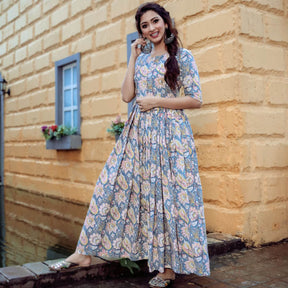 Blue Handblock Printed Long Dress