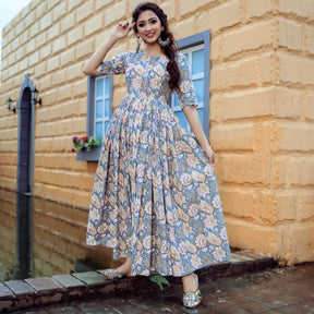 Blue Handblock Printed Long Dress