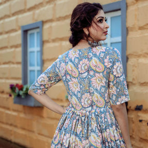 Blue Handblock Printed Long Dress