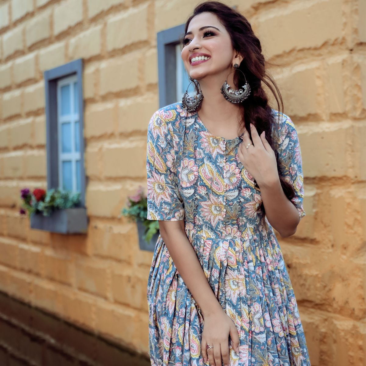 Blue Handblock Printed Long Dress