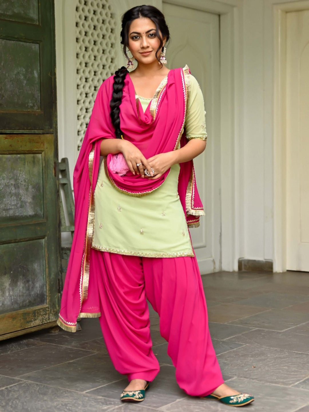 Green And Pink Kurta Patiala Set