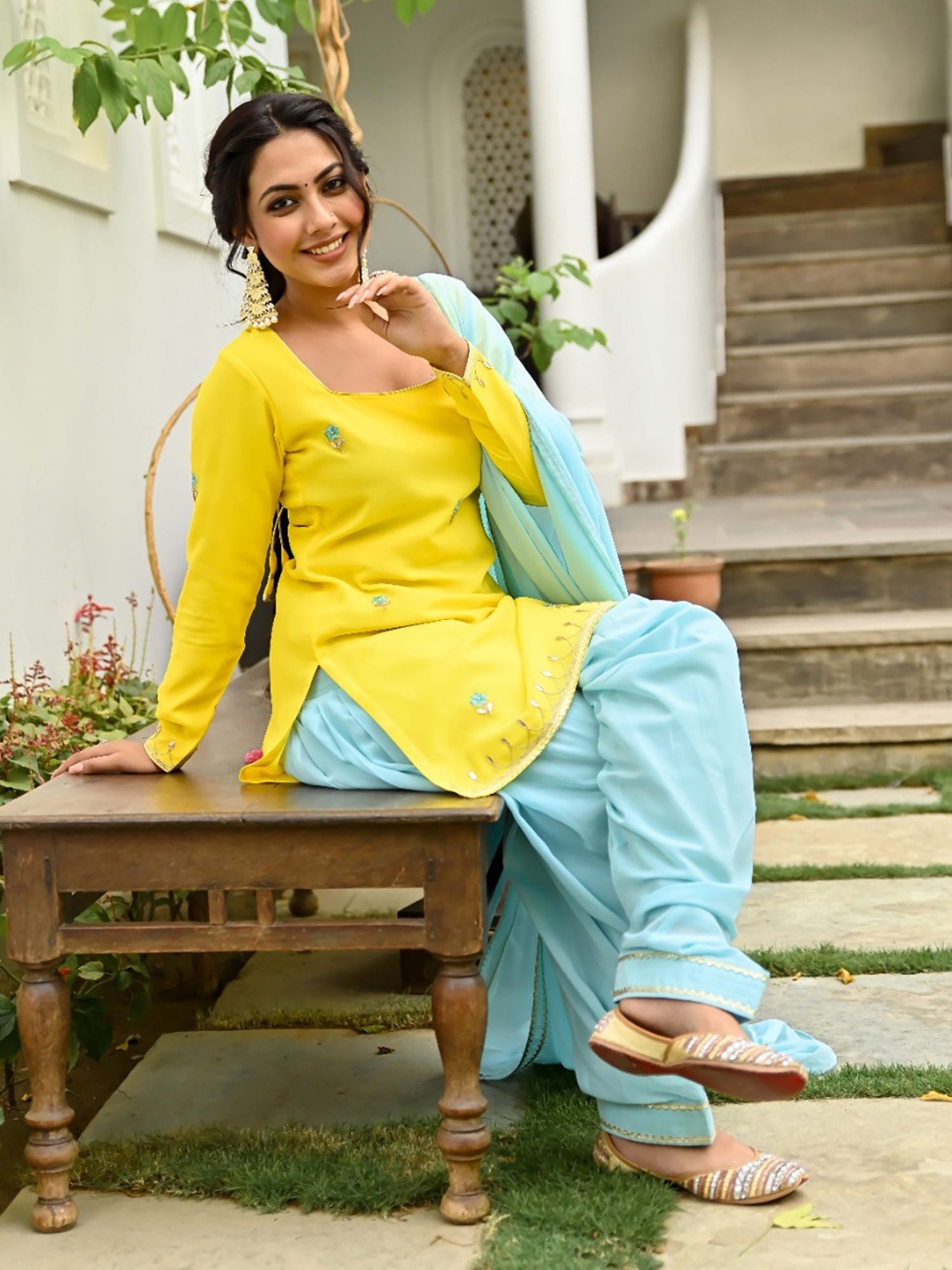 Yellow and Blue Kurta and Patiala Set