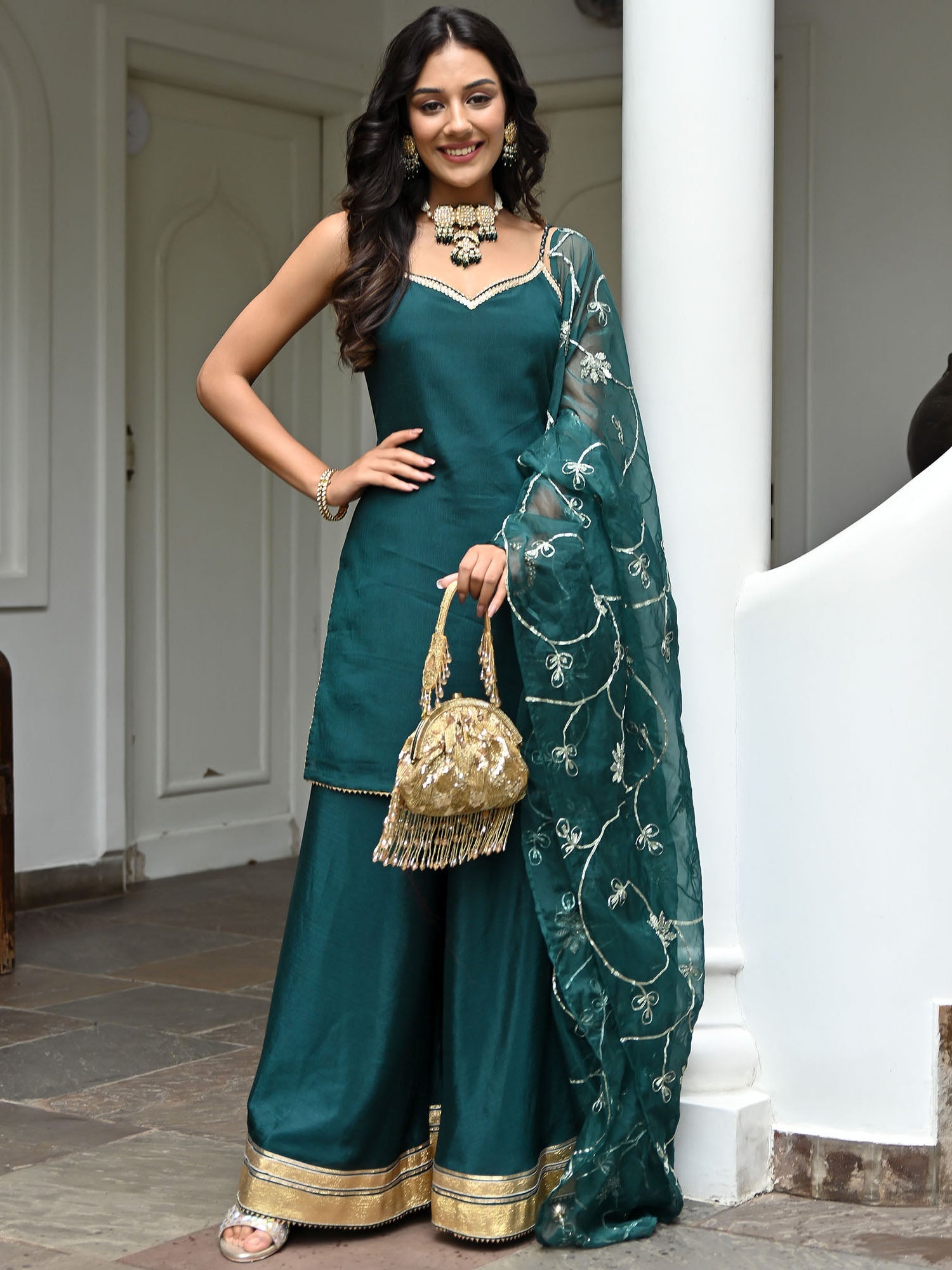 Green Silk Gota Palazzo Set