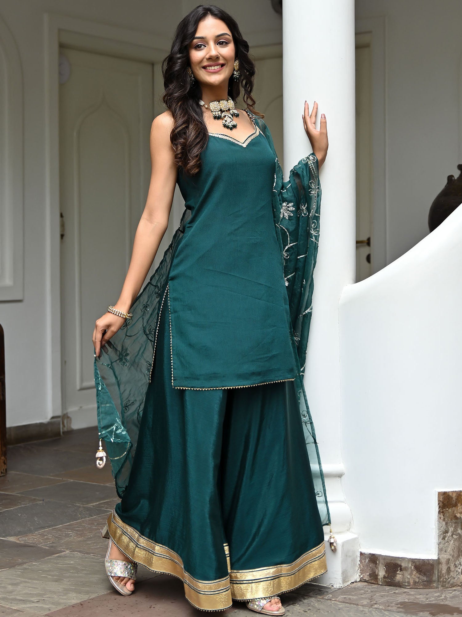 Green Silk Gota Palazzo Set