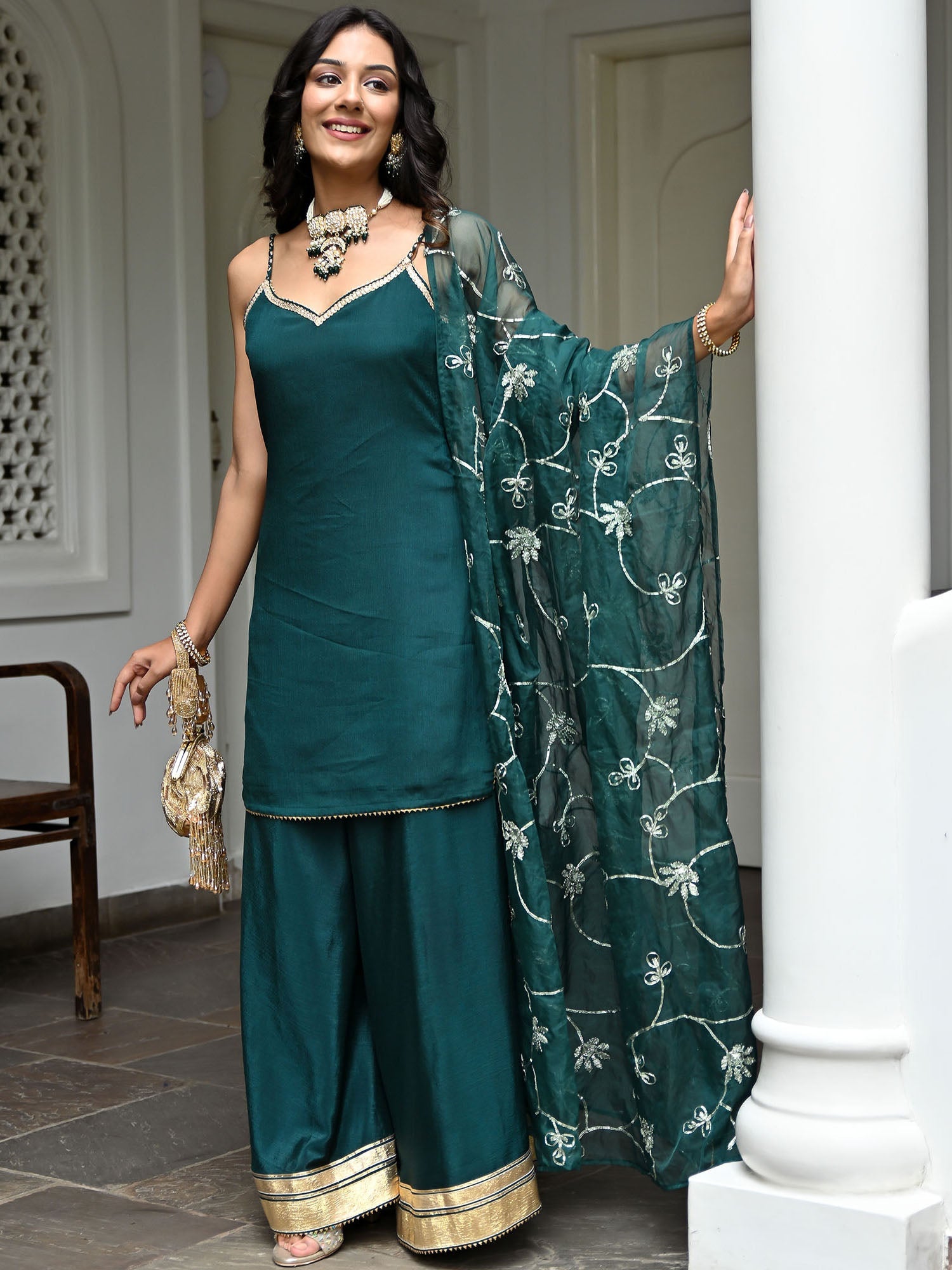 Green Silk Gota Palazzo Set