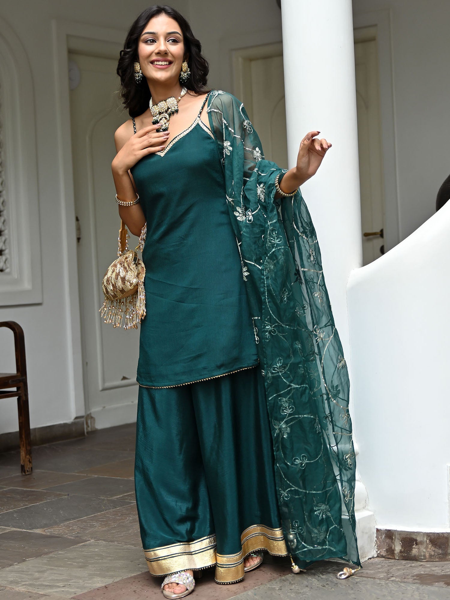 Green Silk Gota Palazzo Set