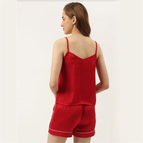 Bridesmaid Embroidered Red Silk Shorts With Camisole Set