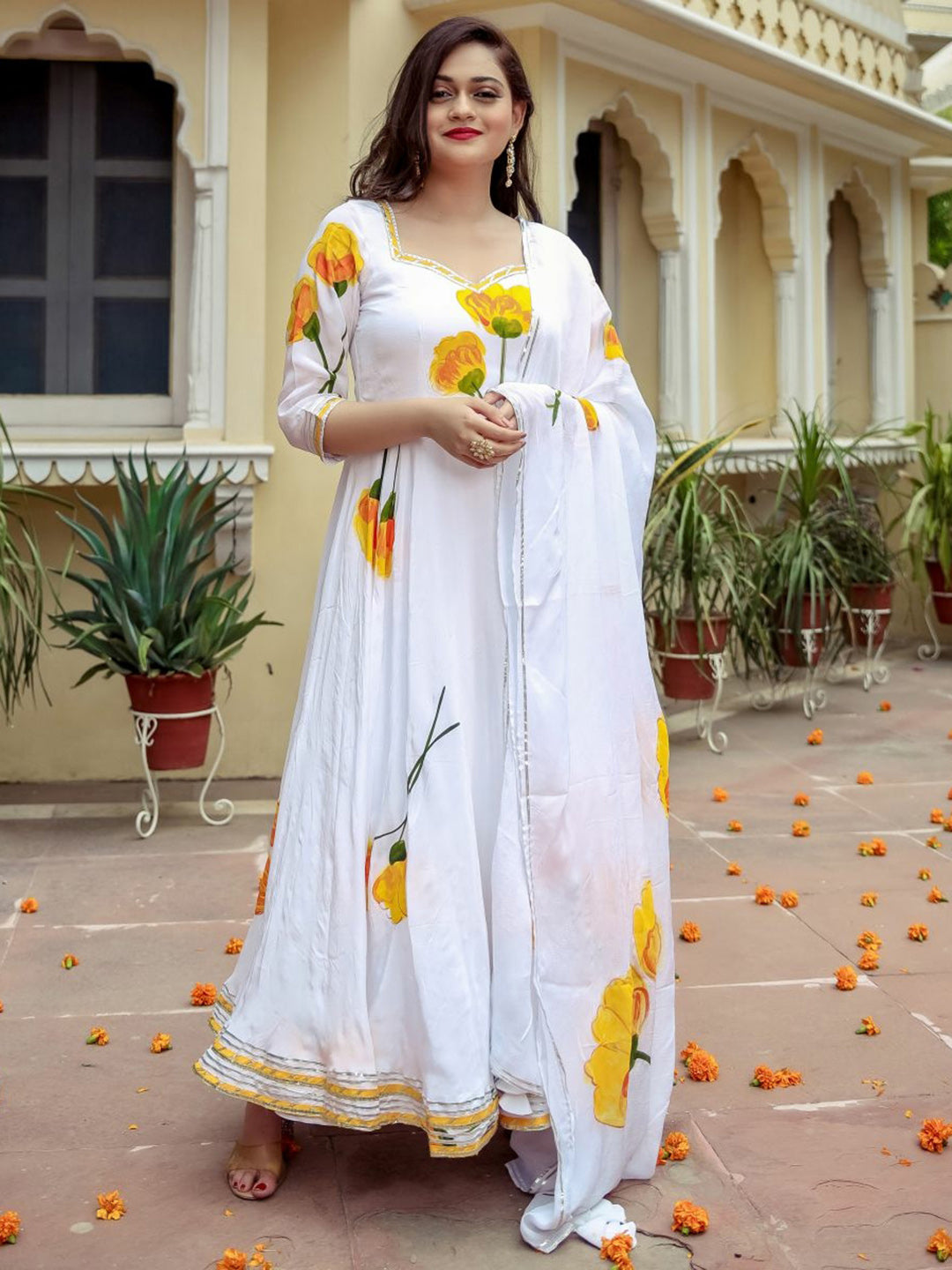 White Silk Anarkali Set