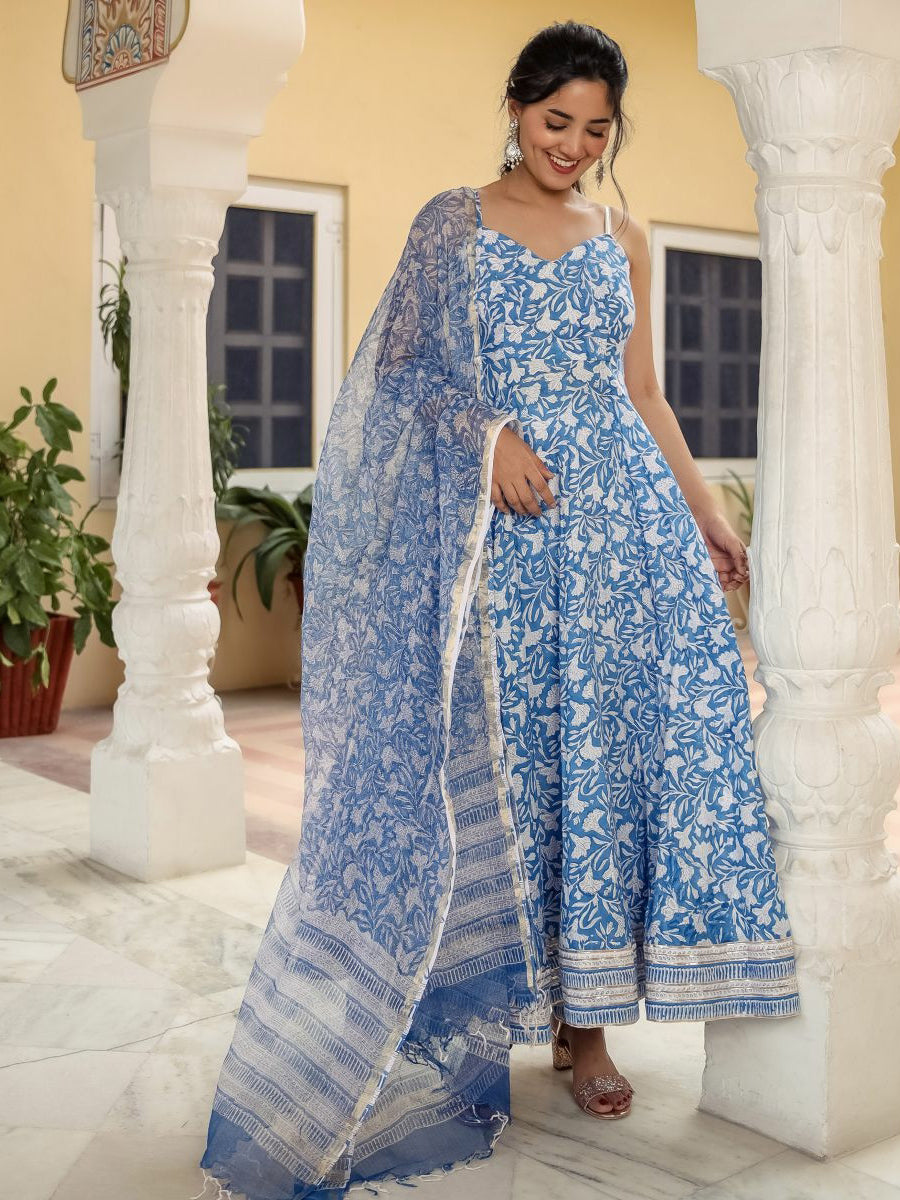 Blue Handblock Anarkali Set