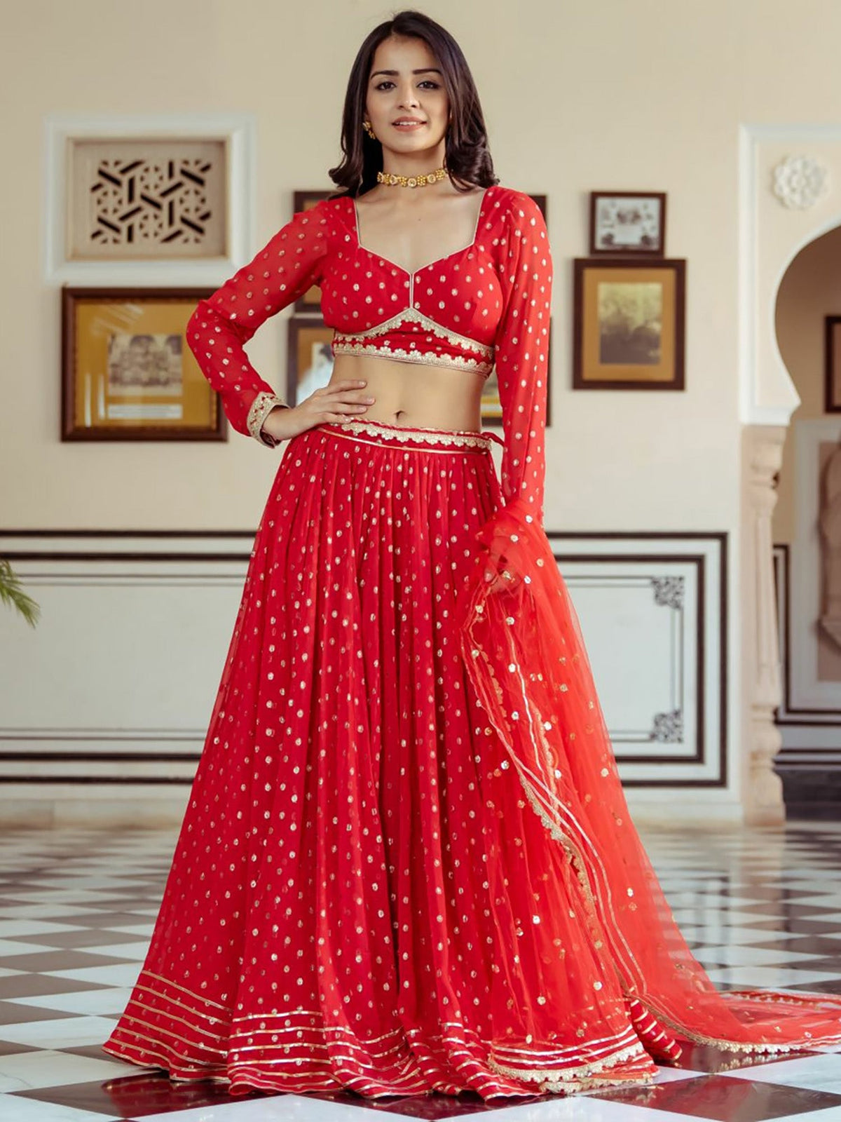 Red Georgette Lehenga Choli Set