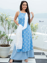 Blue Cotton Printed Long Kurta and Palazzo Set